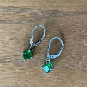 EUC Elegant Silver Pierced Earrings with Green Stones. Emerald look.
